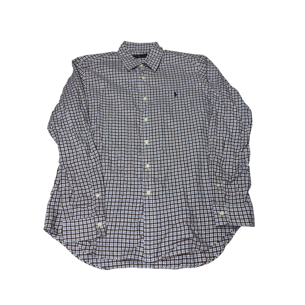 Ralph Lauren Mens Brown Blue Gingham Check Button Down Shirt Large Long Sleeve